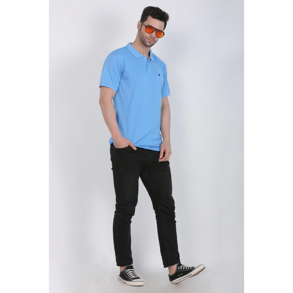 Men's Poly Viscose Polo Plain Tshirt (Blue Melange) - Image 2