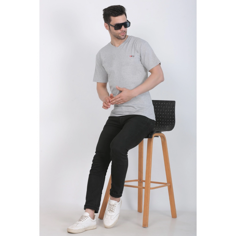 Men's Cotton Jersey V Neck Plain Tshirt (Grey Melange) - Image 3