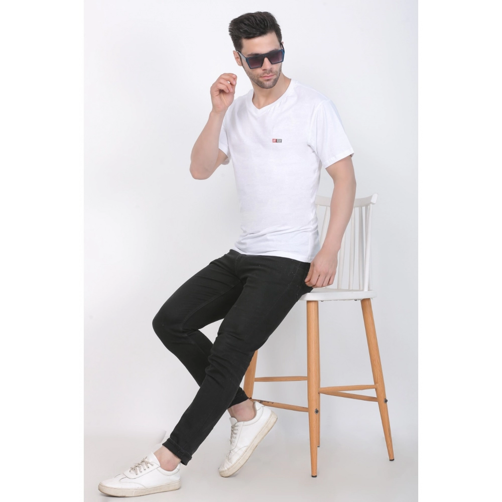 Men's Cotton Jersey V Neck Plain Tshirt (White) - Image 3