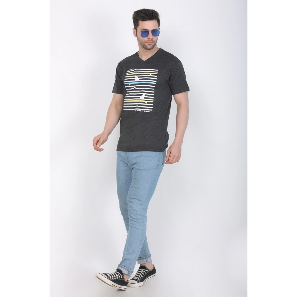 Men's Cotton Jersey V Neck Printed Tshirt (Charcoal Melange) - Image 4