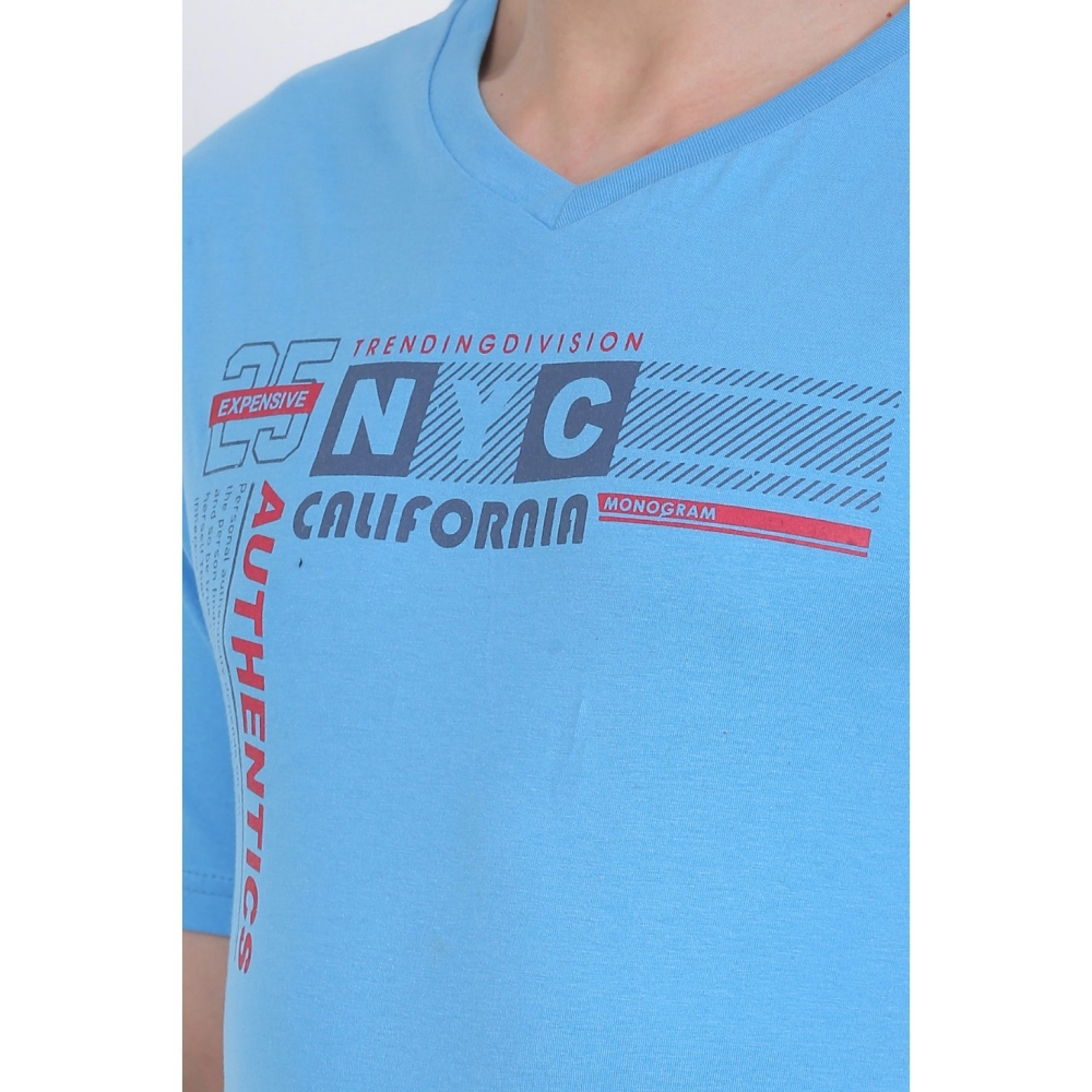 Men's Cotton Jersey V Neck Printed Tshirt (Turquoise Blue) - Image 5
