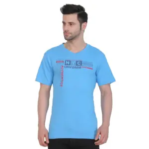Men's Cotton Jersey V Neck Printed Tshirt (Turquoise Blue)