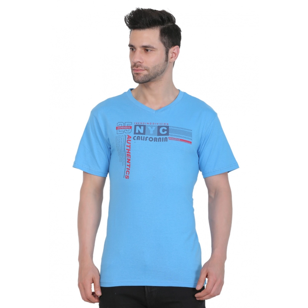 Men's Cotton Jersey V Neck Printed Tshirt (Turquoise Blue)
