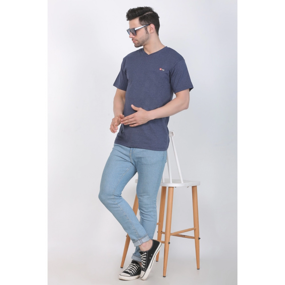 Men's Cotton Jersey V Neck Plain Tshirt (Blue Melange) - Image 3