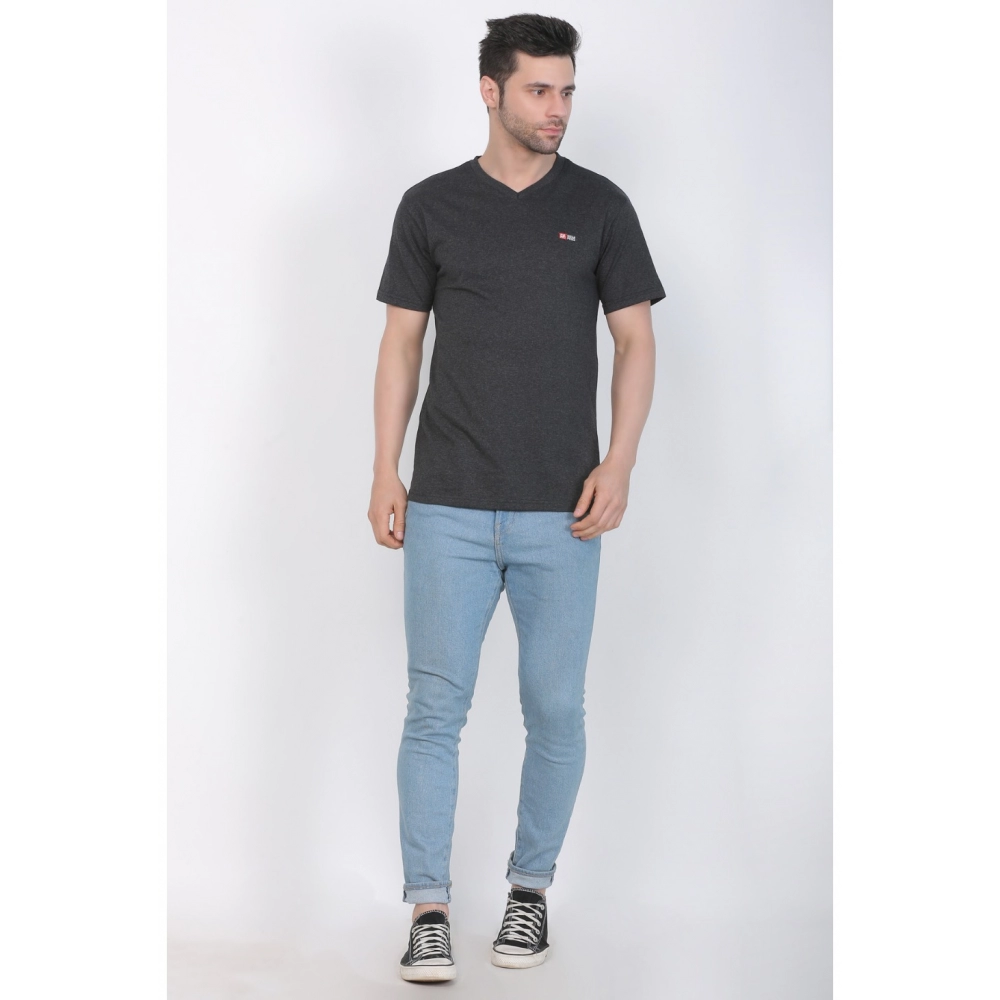 Men's Cotton Jersey V Neck Plain Tshirt (Charcoal Melange) - Image 4