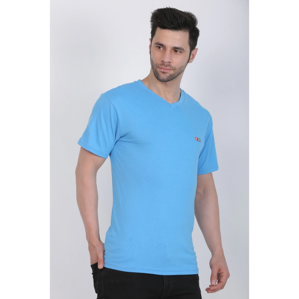 Men's Cotton Jersey V Neck Plain Tshirt (Turquoise Blue) - Image 5