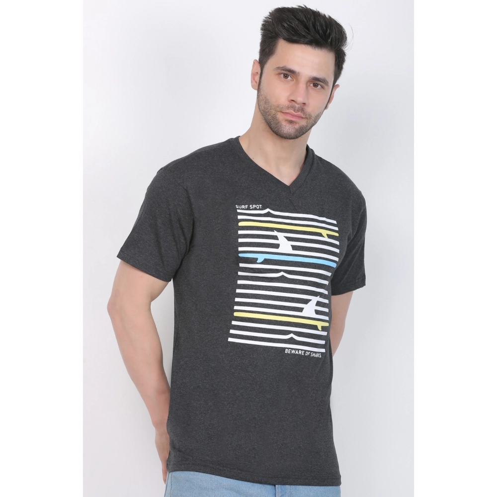 Men's Cotton Jersey V Neck Printed Tshirt (Charcoal Melange) - Image 6