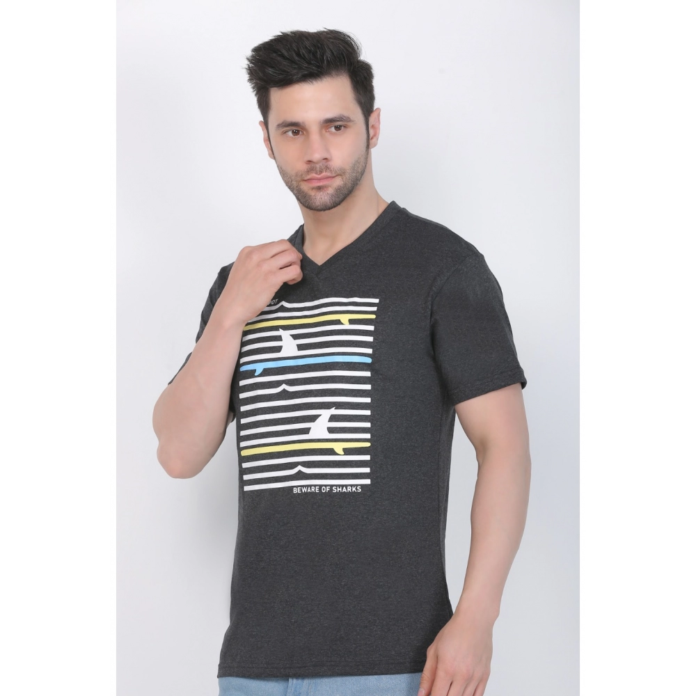 Men's Cotton Jersey V Neck Printed Tshirt (Charcoal Melange) - Image 8
