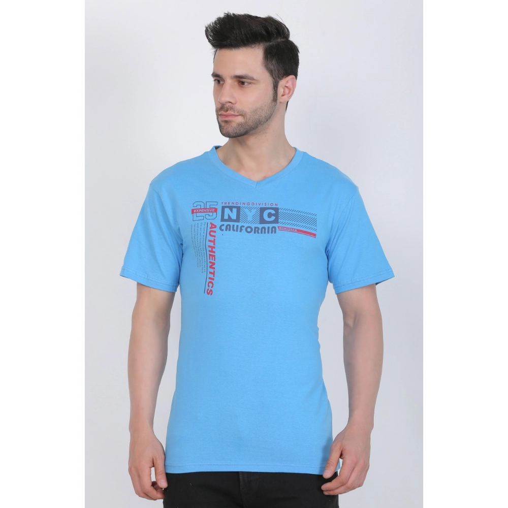 Men's Cotton Jersey V Neck Printed Tshirt (Turquoise Blue) - Image 3