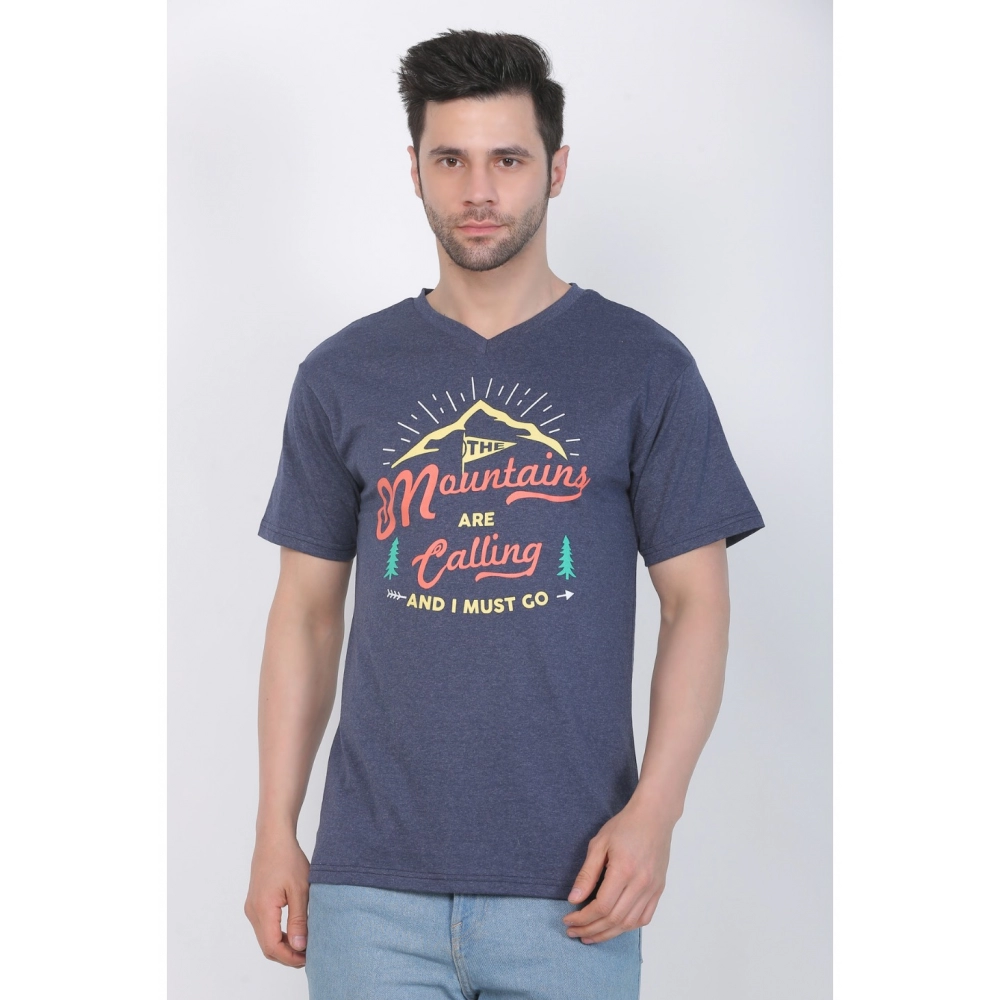 Men's Cotton Jersey V Neck Printed Tshirt (Blue Melange) - Image 3