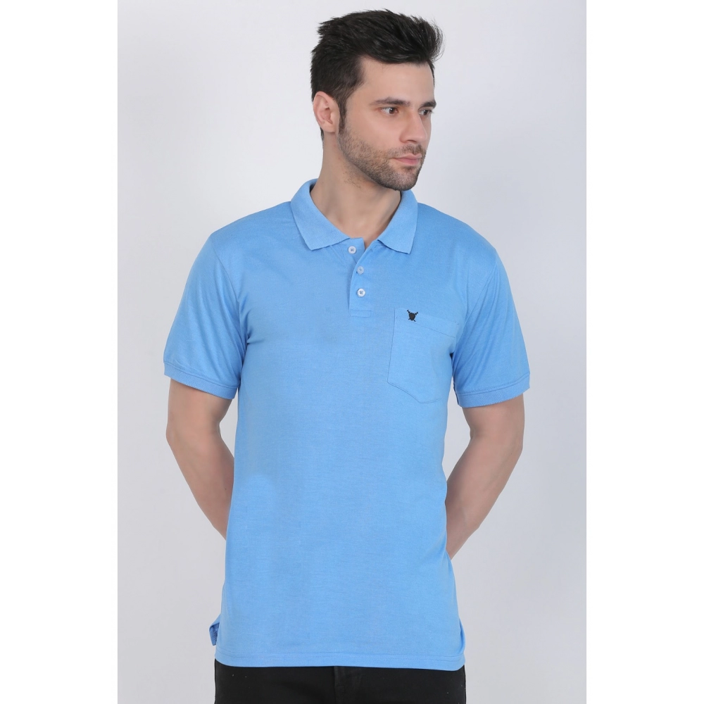 Men's Poly Viscose Polo Plain Tshirt (Blue Melange) - Image 3