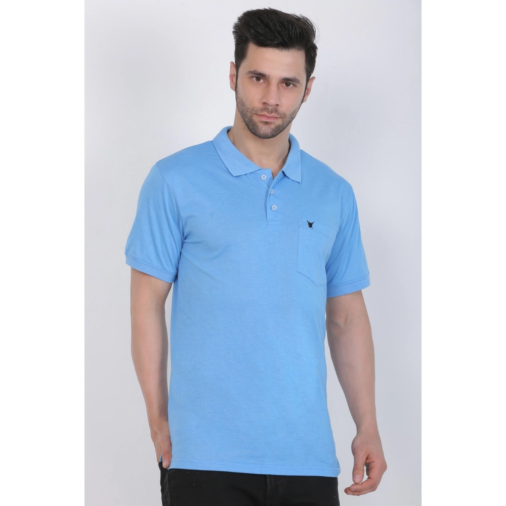 Men's Poly Viscose Polo Plain Tshirt (Blue Melange) - Image 6