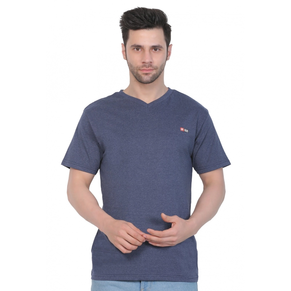 Men's Cotton Jersey V Neck Plain Tshirt (Blue Melange)
