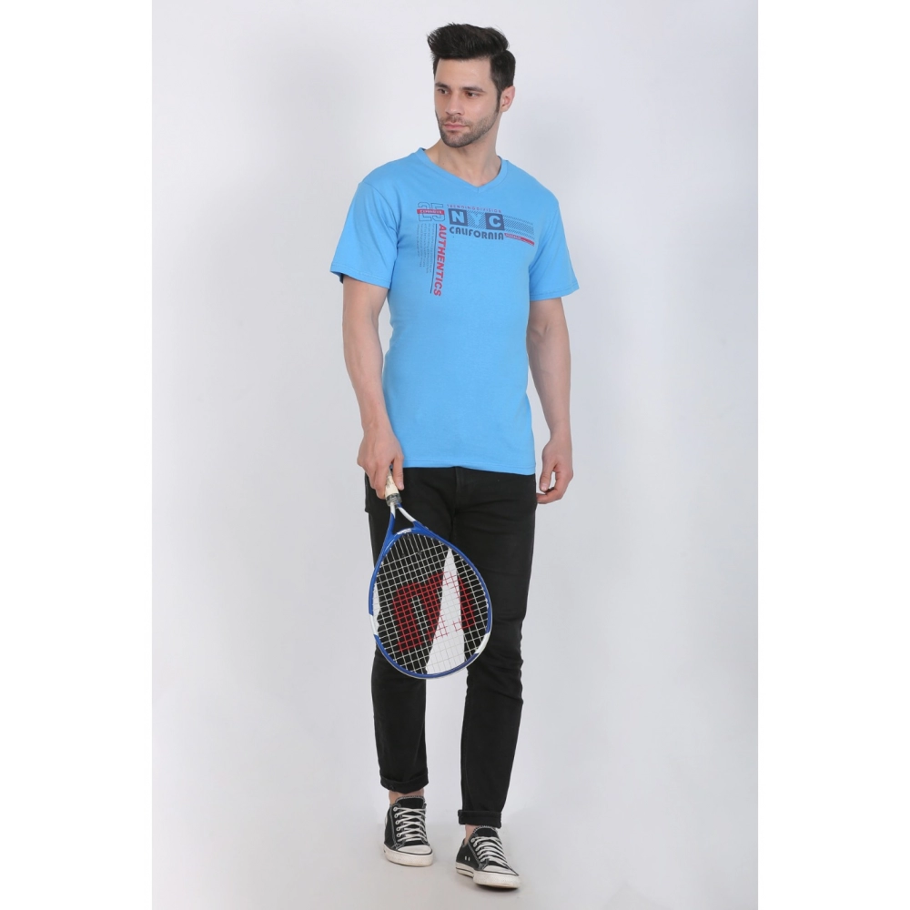 Men's Cotton Jersey V Neck Printed Tshirt (Turquoise Blue) - Image 4