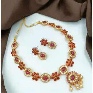 Women's Gold Plated Traditional Necklace and Earrings Set (Red, Free Size)