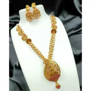 Women's Gold Plated Necklace and Earrings Set with Antique Finish (Red, Free Size)