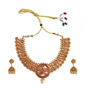 Women's Gold Plated Temple Necklace and Earrings Set (Red, Free Size)