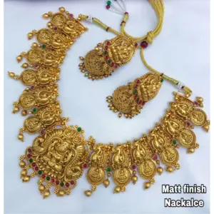Women's Temple Necklace and Earrings Set in Gold Plating (Multi Color, Free Size)
