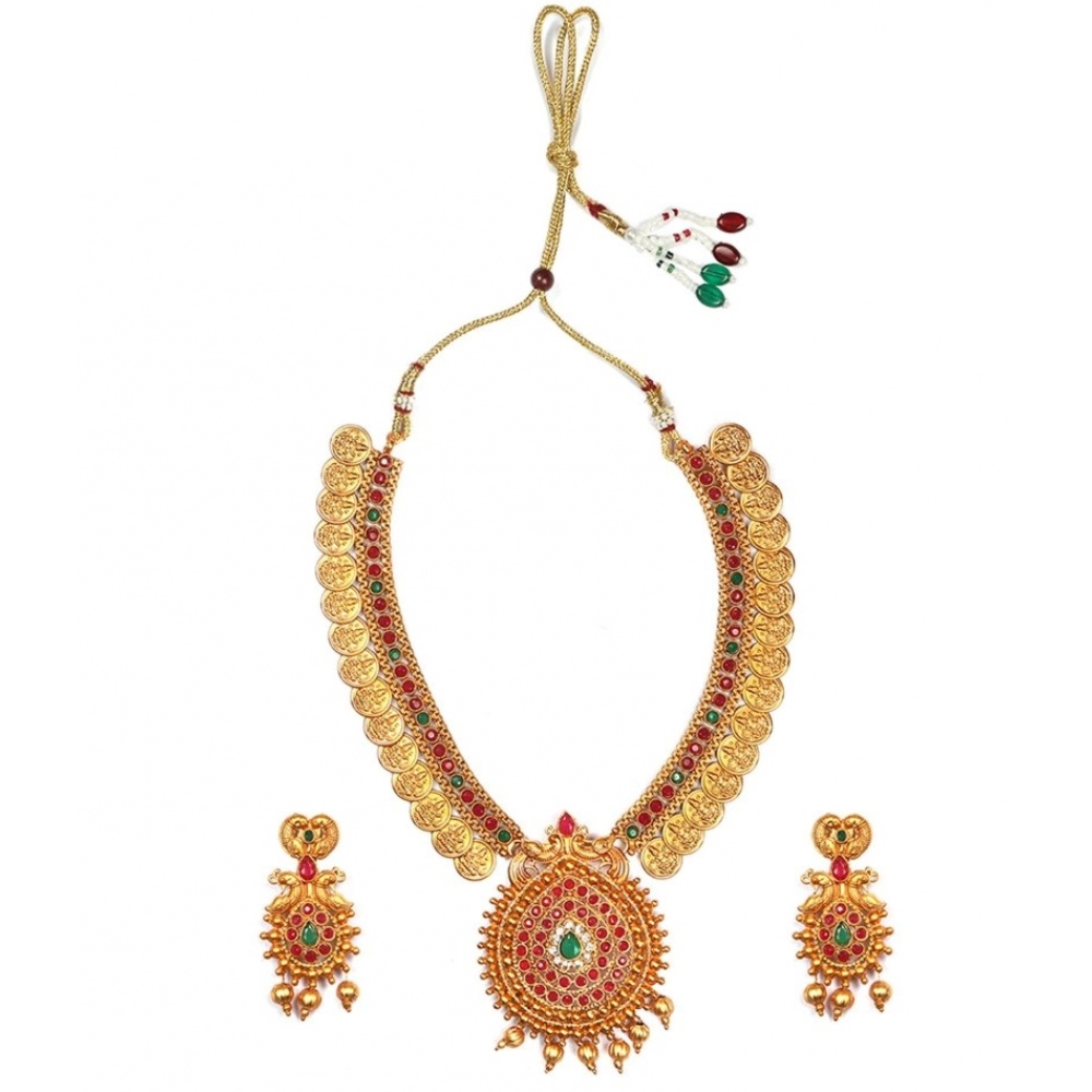 Women's Gold Plated Temple Necklace and Earrings Set with Pearls (Multi Color, Free Size)