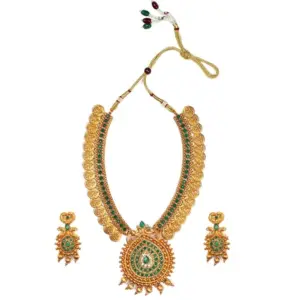 Women's Gold Plated Temple Necklace and Earrings Set with Pearls (Green, Free Size)