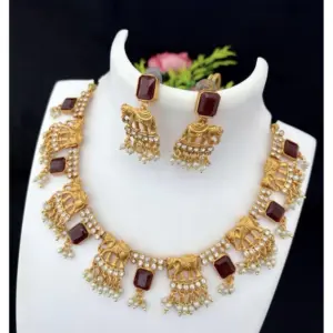Women's Gold Plated Temple Necklace and Earrings Set (Red, Free Size)