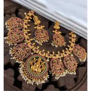 Women's Goddess Glamour Gold Plated Temple Necklace and Jhumka Set (Multi Color, Free Size)