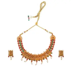 Women's Temple Necklace and Earrings Set in Gold Plating (Multi Color, Free Size)