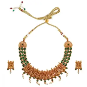 Women's Temple Necklace and Earrings Set in Gold Plating (Green, Free Size)