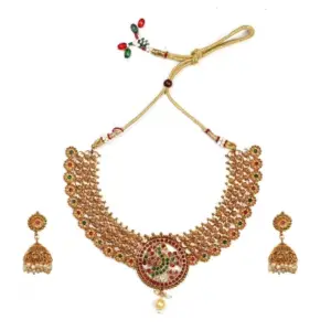 Women's Gold Plated Necklace and Earrings Set with Meenakari Work (Multi Color, Free Size)
