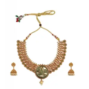 Women's Gold Plated Necklace and Earrings Set with Meenakari Work (Green, Free Size)