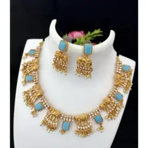 Women's Gold Plated Necklace and Earrings Set with Mang Tikka (Blue, Free Size)