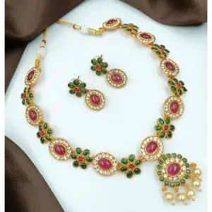 Women's Temple Elegance Gold Plated Necklace and Earrings Set (Multi Color, Free Size)