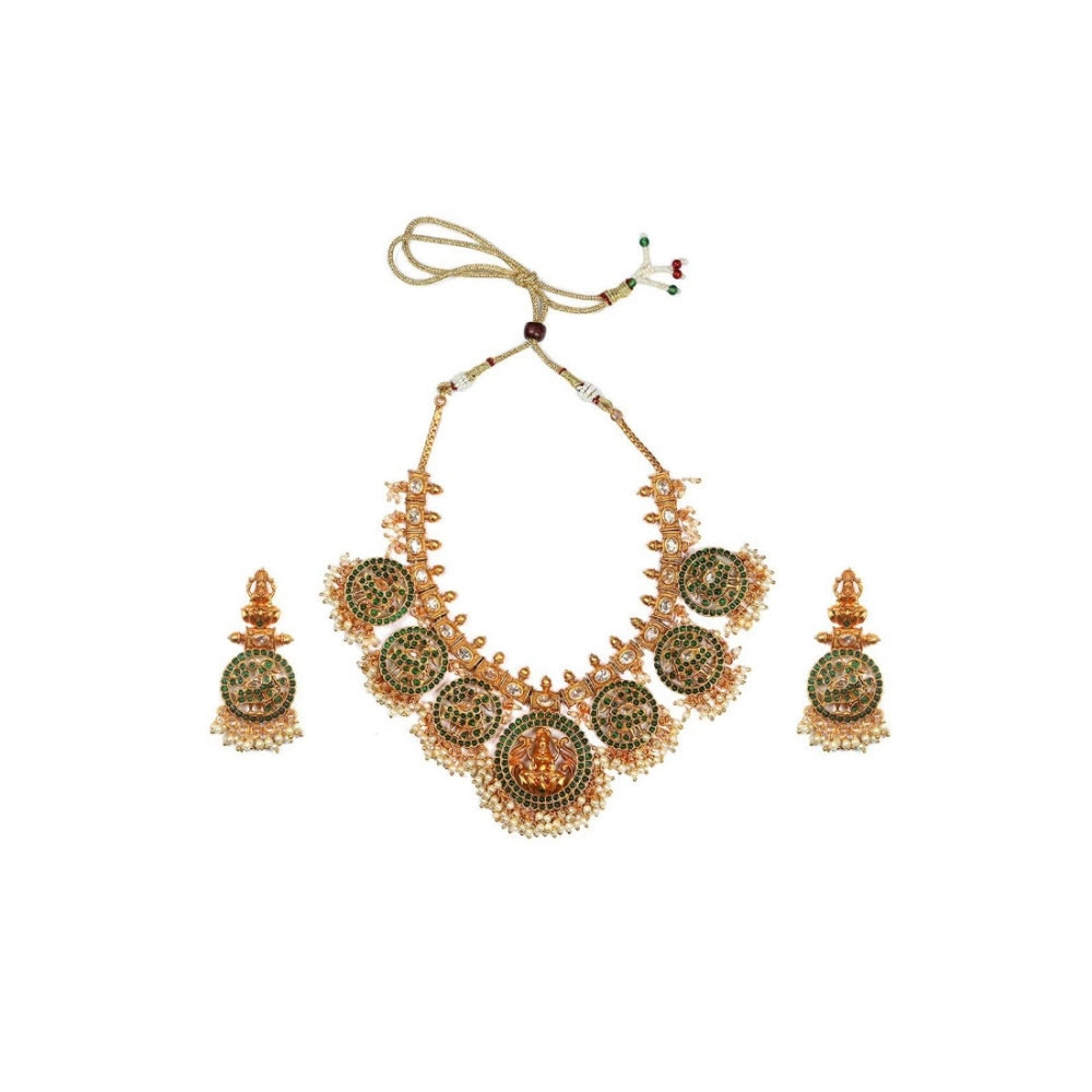 Women's Goddess Glamour Gold Plated Temple Necklace and Jhumka Set (Green, Free Size)