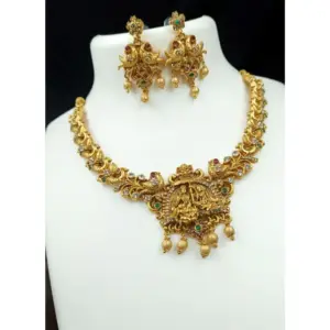 Women's Gold Plated Temple Necklace and Earrings Set (Multi Color, Free Size)