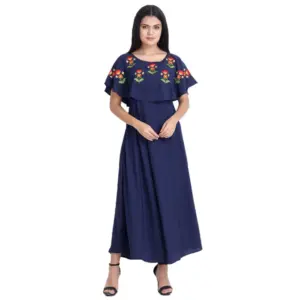 Women's Crepe Embroidery Pattern Sleeveless Full Length Gown(Dark Blue)