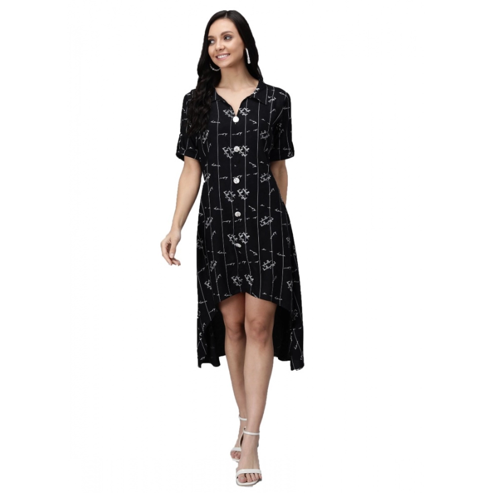 Women's Rayon Printed Half Sleeve Short Tops(Black)