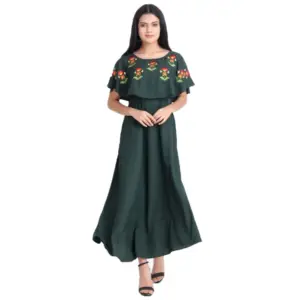Women's Crepe Embroidery Pattern Sleeveless Full Length Gown(Green)