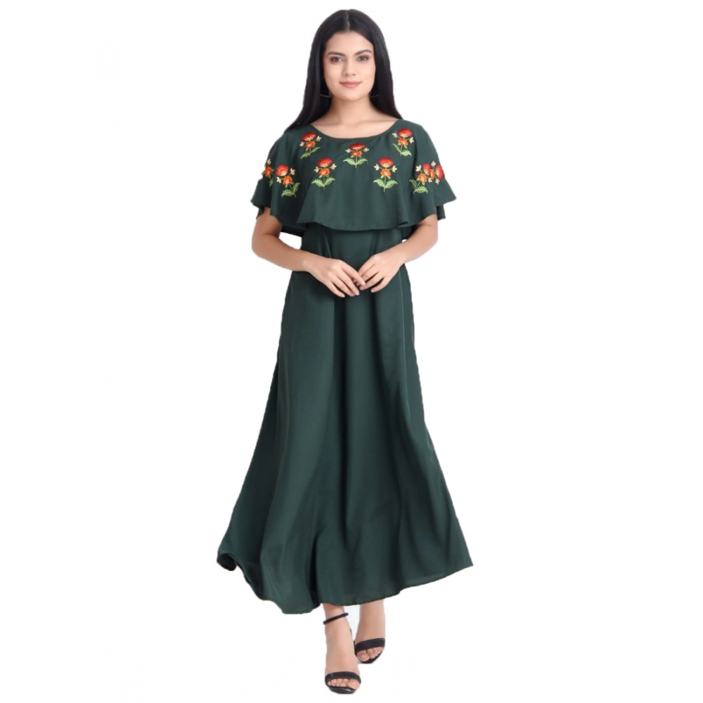 Women's Crepe Embroidery Pattern Sleeveless Full Length Gown(Green)