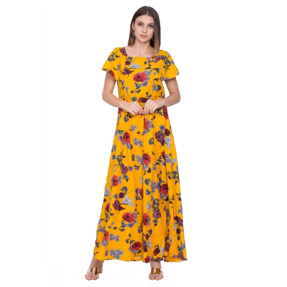 Women's Crepe Floral Sleeveless Full Length Gown(Yellow)