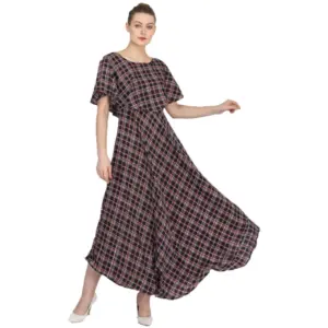 Women's Crepe Checked Half Sleeves Full Length Gown(Multi)