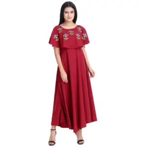 Women's Crepe Embroidery Pattern Sleeveless Full Length Gown(Red)
