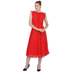 Women's Georgette Solid Sleeveless Full Length Gown(Red)