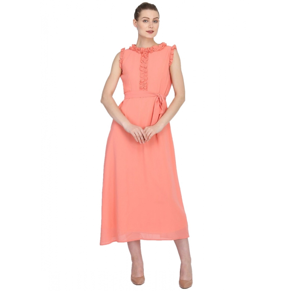 Women's Georgette Solid Sleeveless Full Length Gown(Peach)