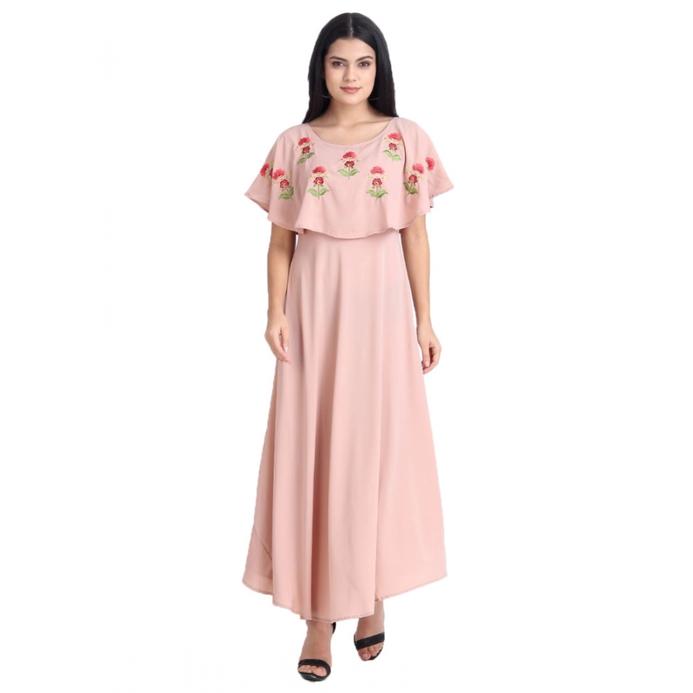 Women's Crepe Embroidery Pattern Sleeveless Full Length Gown(Pink)