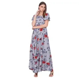 Women's Crepe Floral Sleeveless Full Length Gown(Grey)