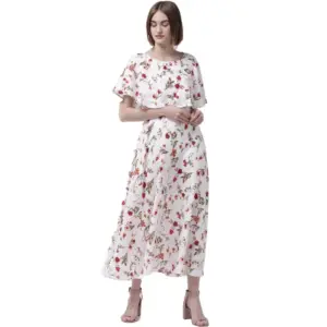 Women's Crepe Floral Half Sleeves Full Length Gown(White)
