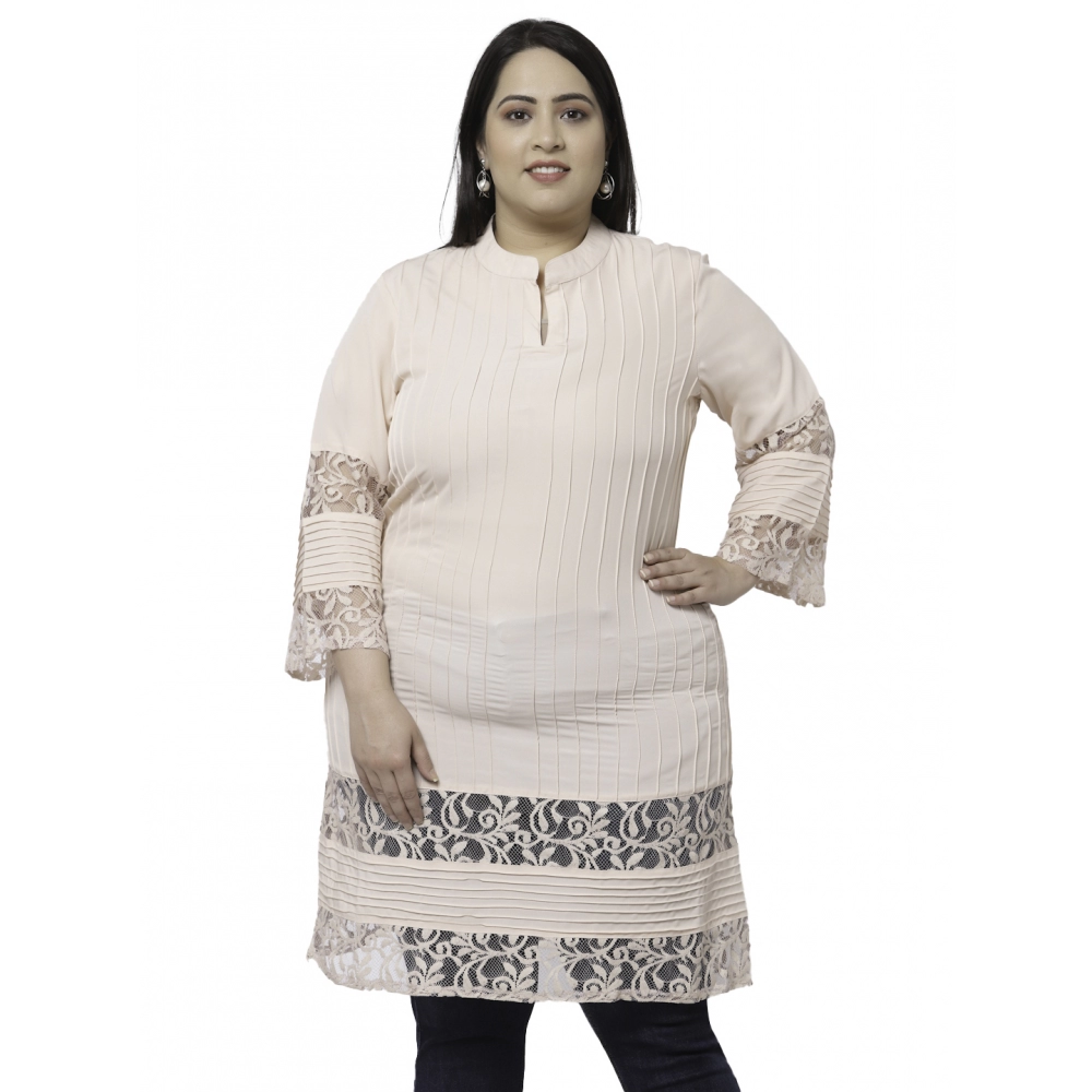 Women's Crepe Solid Knee Length Fit and Flare Dress (Beige)