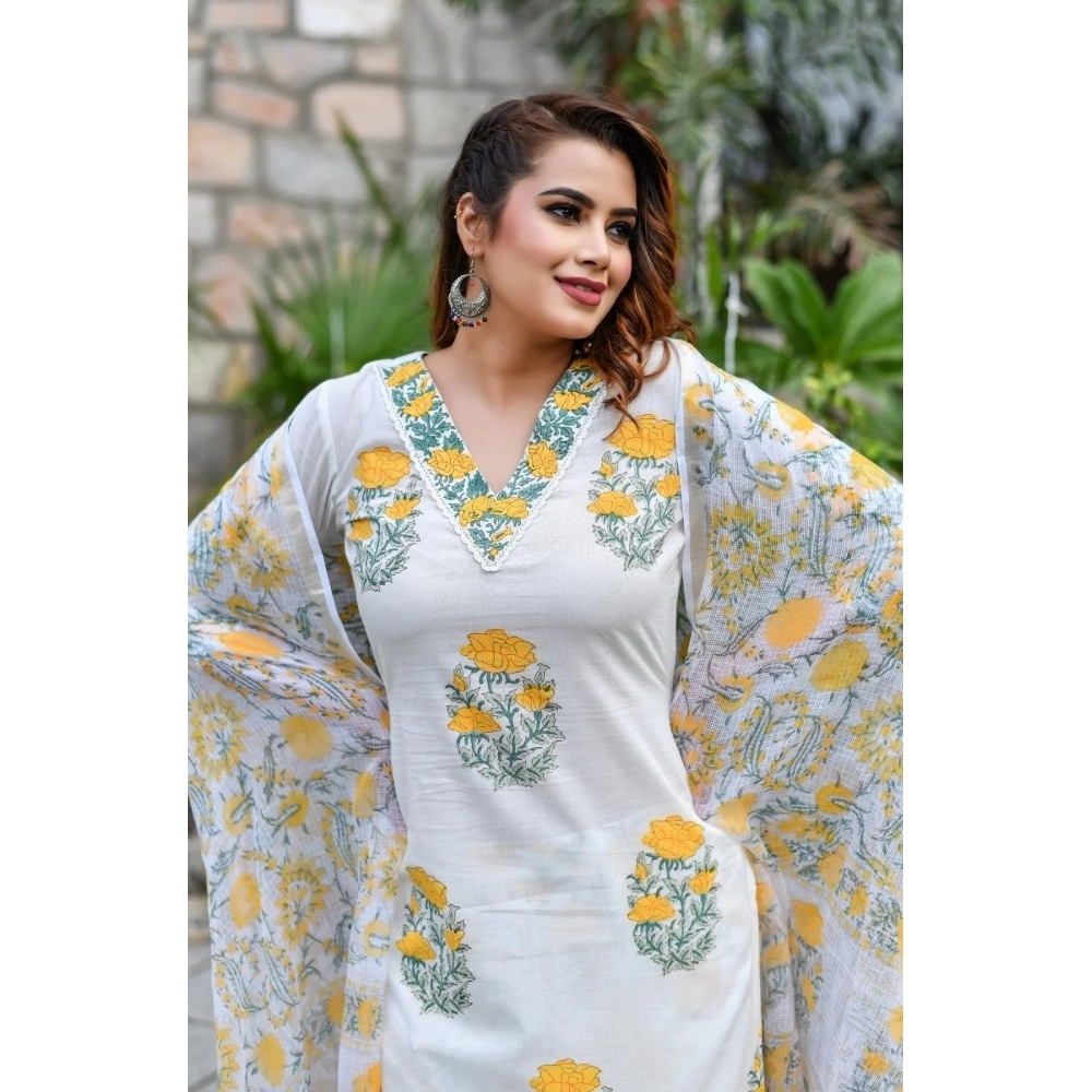 Women's Cotton Blend Printed Work Kurti With Bottom And Dupatta Set (Yellow) - Image 3