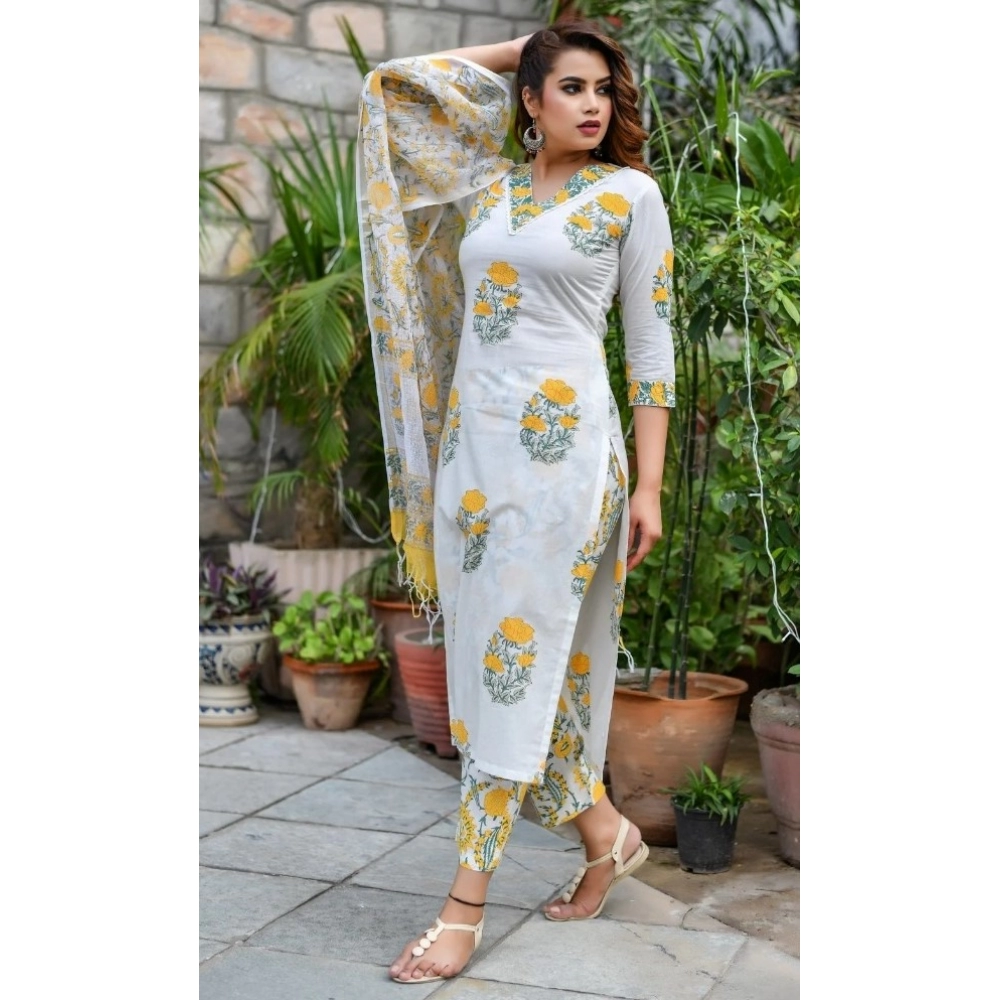 Women's Cotton Blend Printed Work Kurti With Bottom And Dupatta Set (Yellow) - Image 6