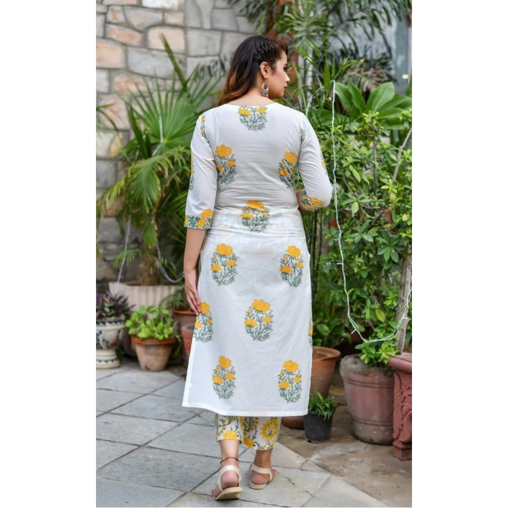 Women's Cotton Blend Printed Work Kurti With Bottom And Dupatta Set (Yellow) - Image 2